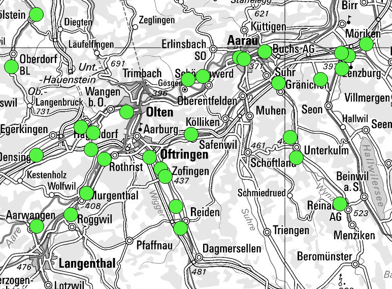 Kartenausschnitt von Aarau und Umgebung.