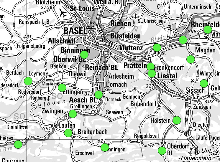 Kartenausschnitt von Basel und Umgebung.