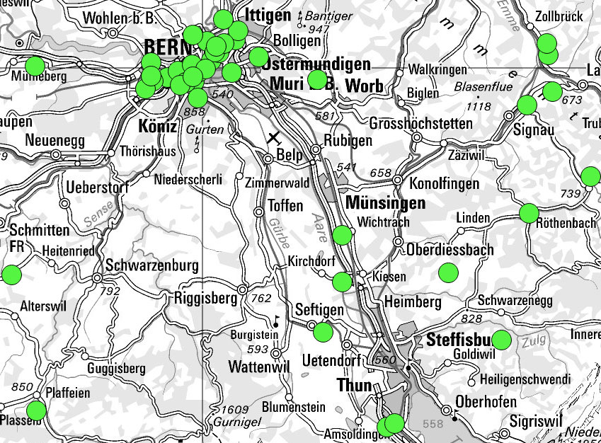 Kartenausschnitt von Bern und Umgebung.