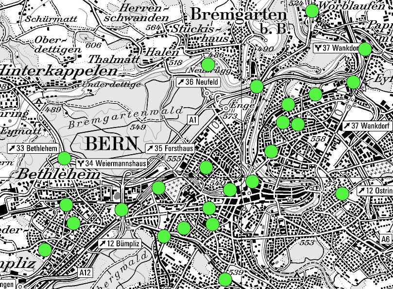 Kartenausschnitt von Bern und Umgebung.