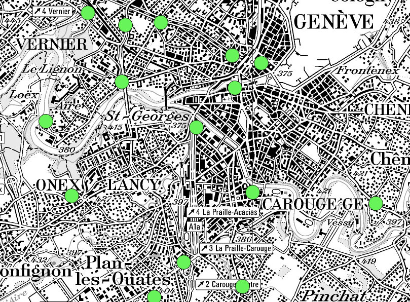Kartenausschnitt von Genf und Umgebung.