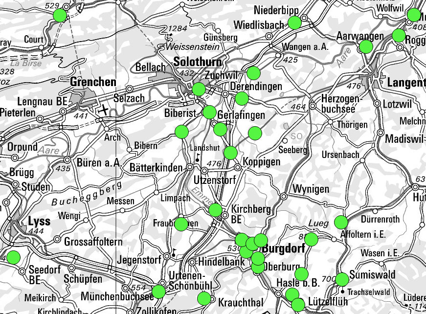 Kartenausschnitt von Solothurn und Umgebung.