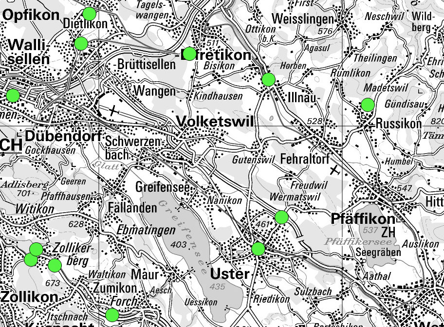Karte mit der Umgebung von Greifensee und Volketswil.