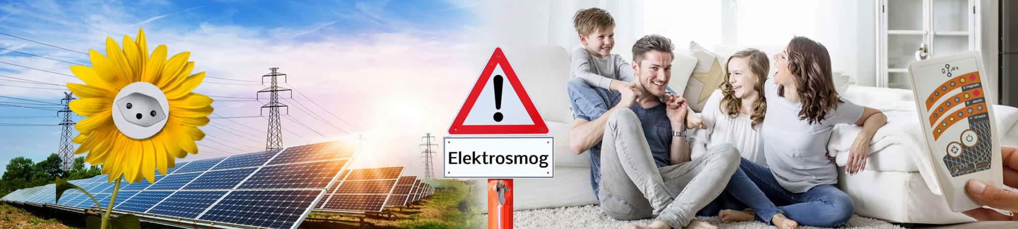 Eine Familie sitzt auf einem Sofa mit einem Elektrosmog-Messgerät im Vordergrund.