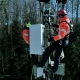 Zwei Männer arbeiten an einem 5G-Mobilfunkmast im Wald.