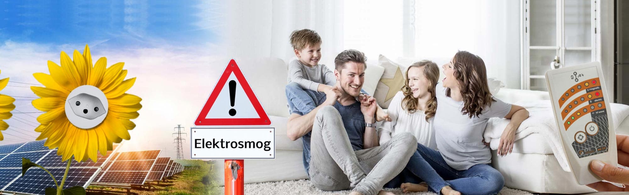 Eine Familie mit einem Elektrosmog-Messgerät im Vordergrund.