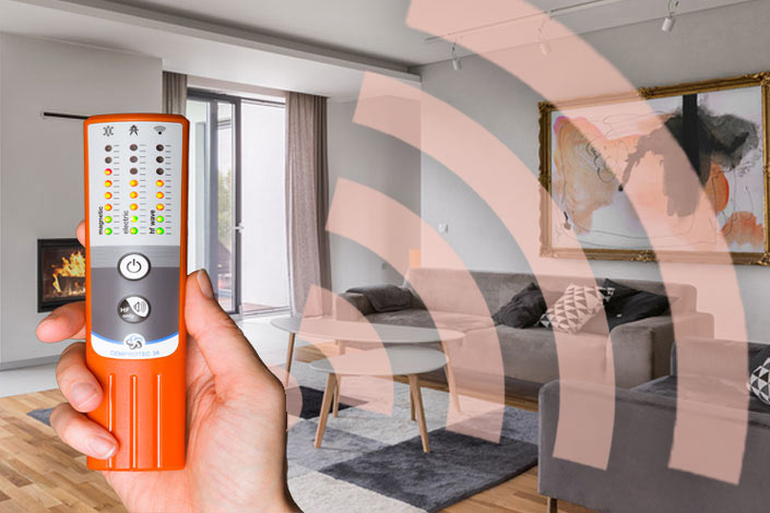 Eine Person hält im Wohnzimmer ein Elektrosmog-Messgerät in der Hand.