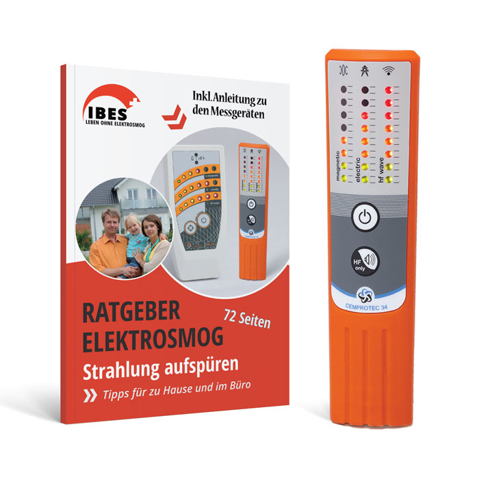 Ein Cemprotec 34 Hochleistungs-Elektrosmog-Messgerät mit orangefarbener Hülle und einem Bild eines Mannes und einer Frau.