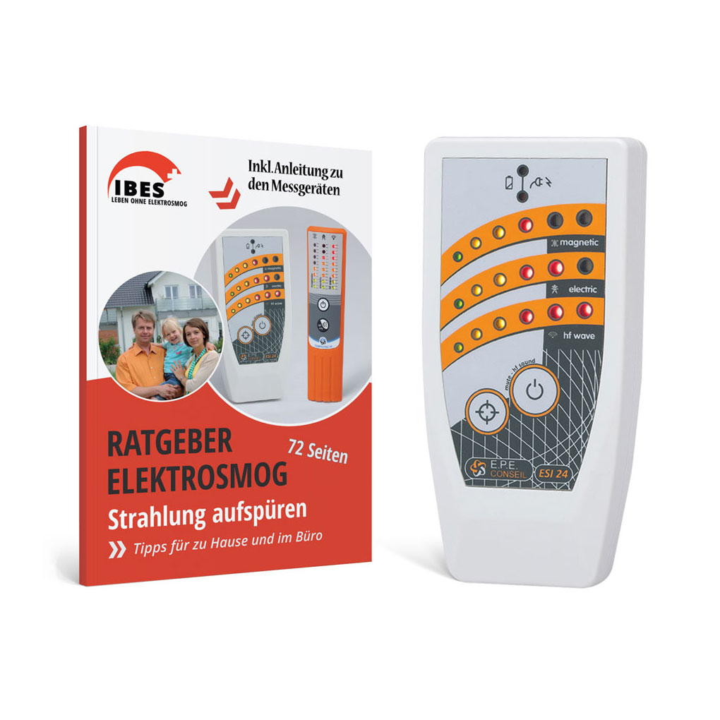 Ein Elektrosmog-Messgerät Esi24 mit 18 LEDs mit weißer Abdeckung und ein Elektrosmog-Messgerät Esi24 mit 18 LEDs mit oranger Abdeckung.