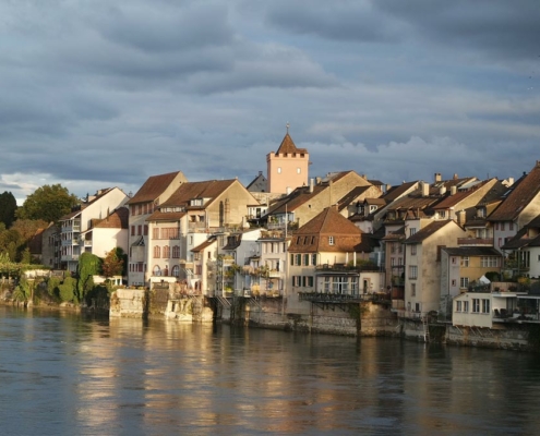 Blick auf den Rhein mit Häusern von Rheinfelden.