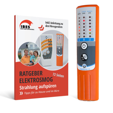 La brochure allemande "Ratgeber Elektrosmog" (Guide de l'électrosmog), avec une photo de famille, est présentée à côté de l'appareil de mesure de l'électrosmog Cemprotec 33, un détecteur de champs électromagnétiques de couleur orange, équipé de 24 LED et d'indicateurs de mesure.